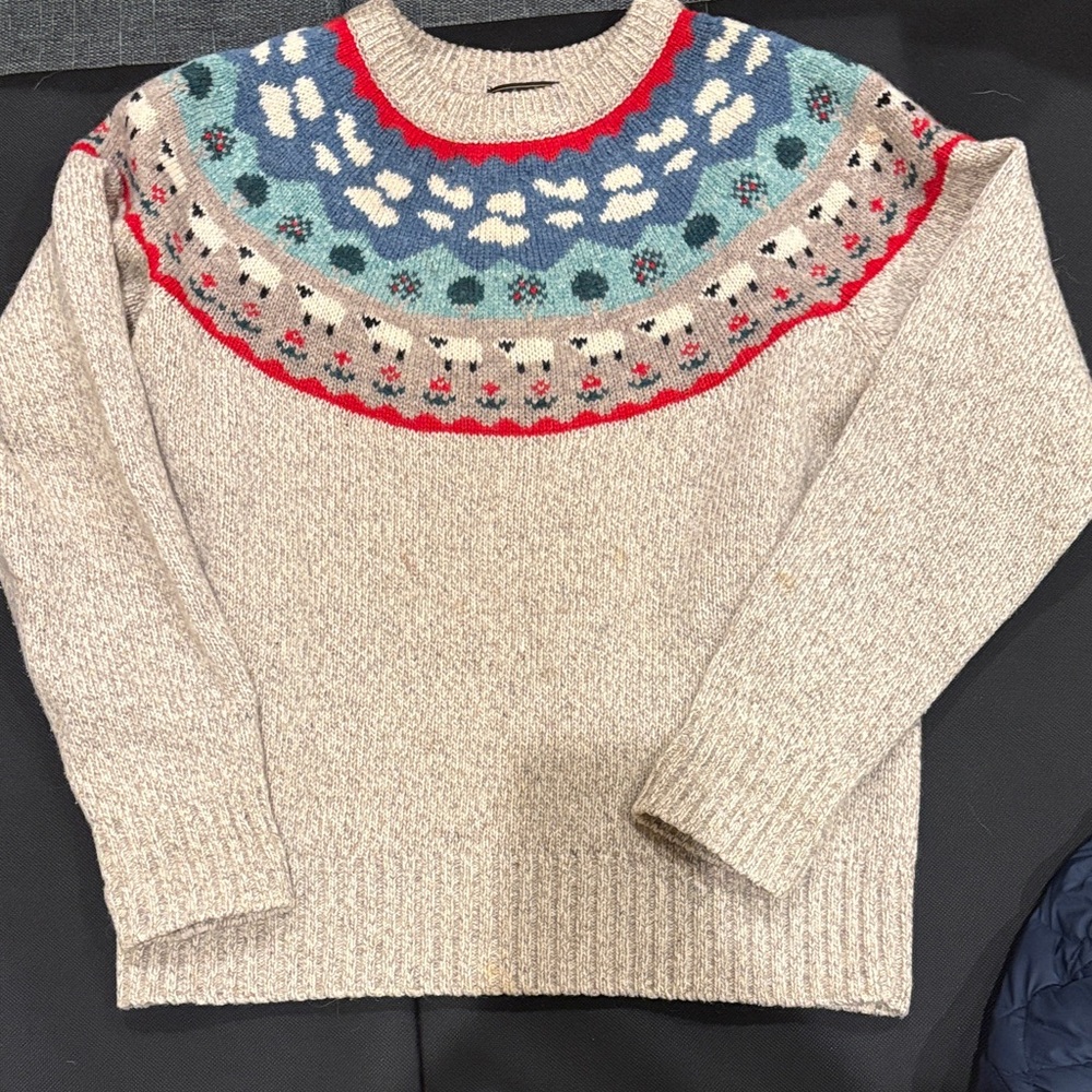 Eddie Bauer Beige Sweater with Blue and Red Pattern
